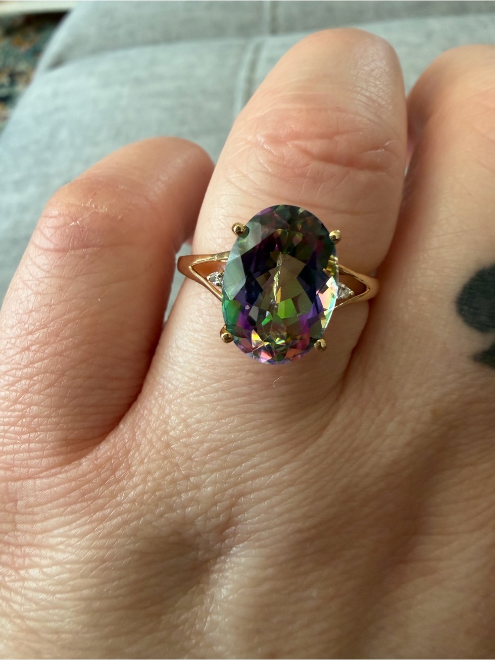 NIB Mystic Topaz Oval Ring with Diamond Accents in 14K Gold